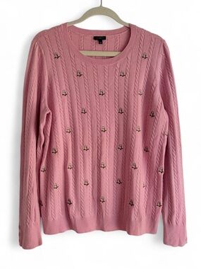 Talbots Pink Owl Embroidered Cable Knit Crew Neck Sweater Size XL
